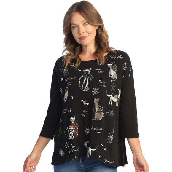 Jess & Jane Mineral Washed Patch Pocket Cotton Tunic - Meow Christmas, Black NWT - Picture 1 of 1